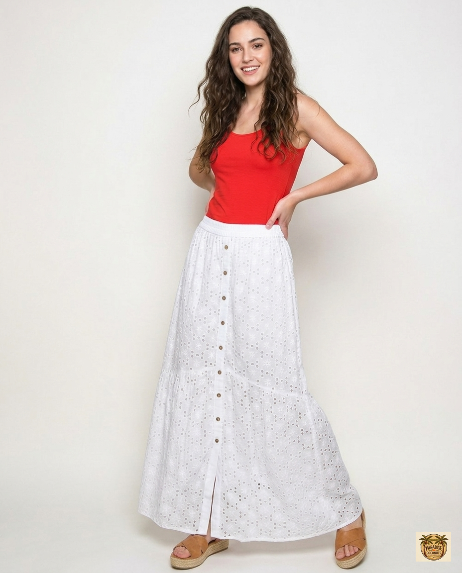 Falda Blanca Bordado Inglés con Botones - Algodón