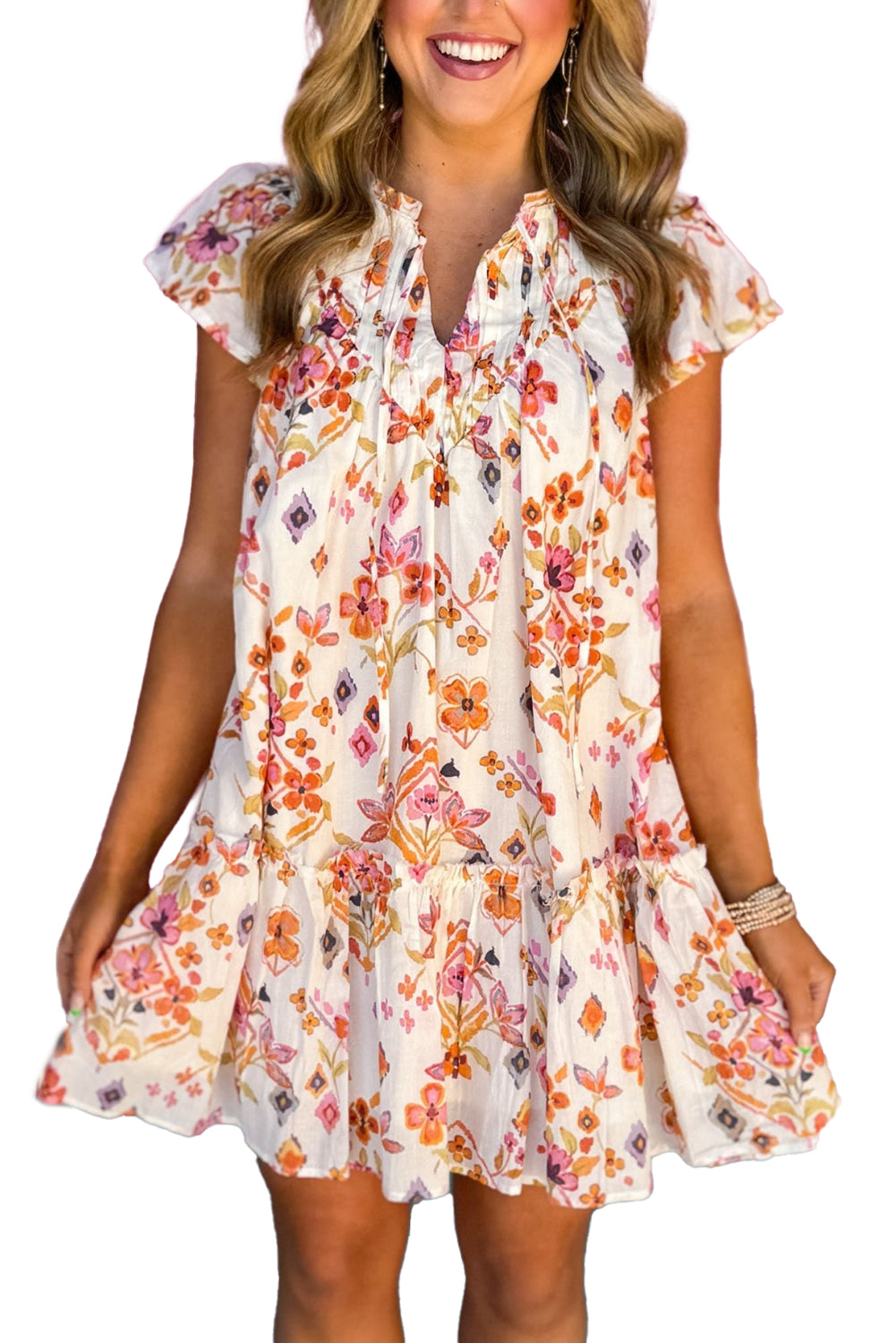 Minivestido de manga corta con volantes y estampado floral color albaricoque